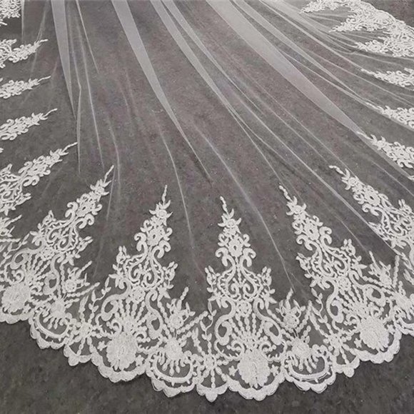 Single Tier Cathedral Wedding Veil with Embroidered Floral Lace Appliques 11.5' - Picture 5 of 6